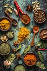 Tableau sur plexiglas Cuisine Colorful Assortment of Spices and Herbs in Wooden Bowls on Rustic Background - Turmeric, Chili, Star Anise, and More for Culinary Inspiration  © felix_brönnimann