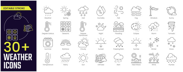 Weather Stroke icon collections. Containing Spring, Hail, Humidity, Fall, Fog, Winter, Snow, Wind, Rainy, and Seasons icons. Editable Stroke icon collection Outline icon