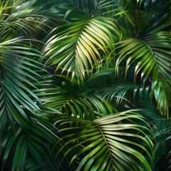 Naklejka premium Lush Green Tropical Palm Leaves Background - Vibrant Foliage Texture for Nature Themes, Wellness, Interior Design, or Eco-Friendly Concepts.