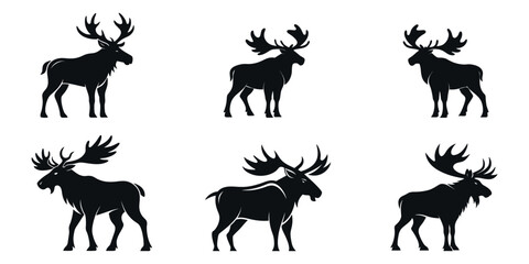 set of Moose silhouette vector, wild moose for wildlife, standing, walking
