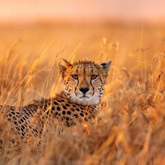 Obraz premium Majestic cheetah gazing intently through golden grasslands at sunset, embodying the essence of wild Africa and its stunning wildlife.