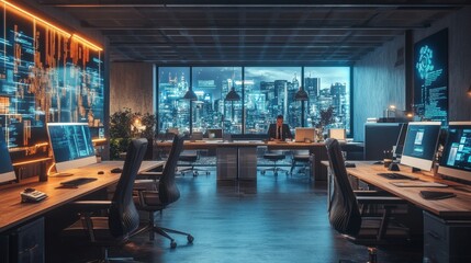 Futuristic Night Office with City Skyline View