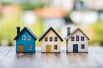 Four miniature wooden houses symbolizing residential properties, sustainability, and community development, displayed on green grass under soft natural sunlight.