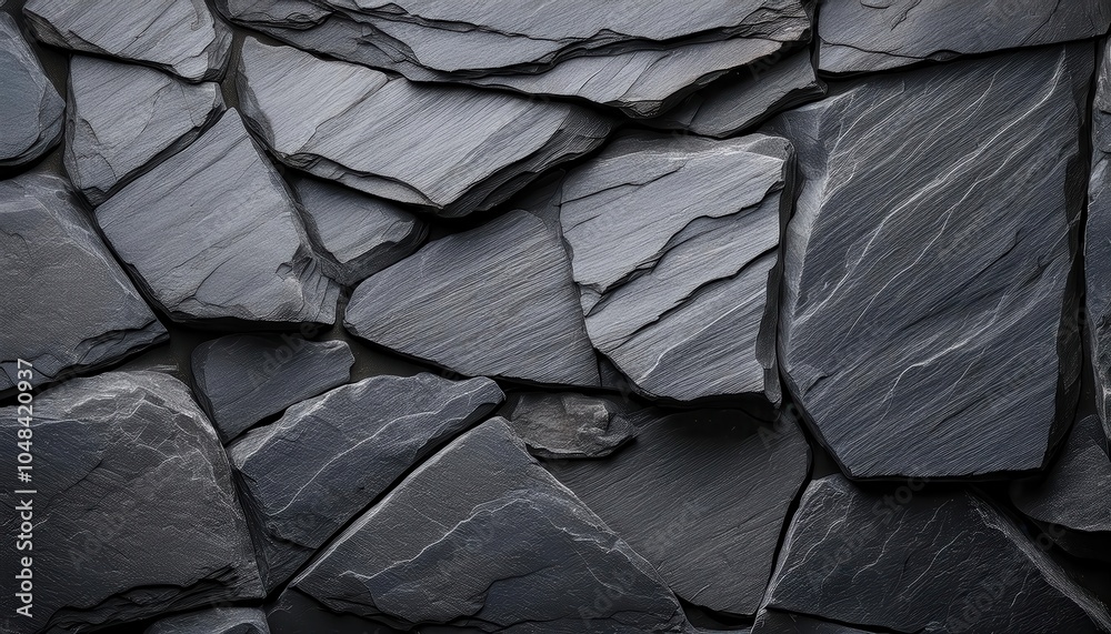 Poster close-up dark layered slate stone texture. natural rough rock surface with intricate patterns for ru