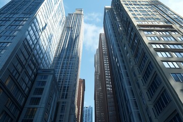 Sunlight reflecting off sleek, modern skyscrapers, emphasizing architectural excellence, urbanization, and financial power in a thriving metropolitan environment.