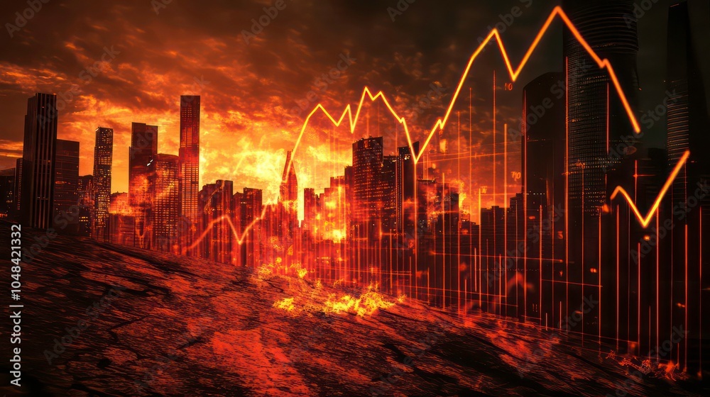 Aufkleber A city skyline is silhouetted against a fiery sunset with a stock market graph overlayed. The graph is showing a sharp decline.
