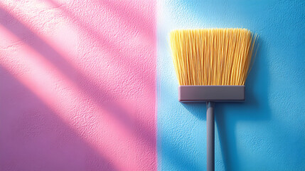 Cleaning tool positioned against a split-colored wall showcasing pink and blue hues during daylight hours