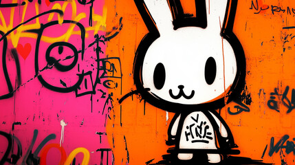 Colorful an Vibrant Horizontal Background depicting an happy and joyful smiling white rabbit character with 90s graffiti style effect.


