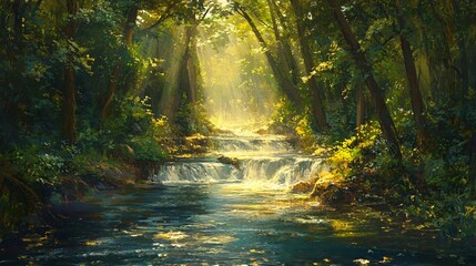 Obraz premium Serene Forest Stream With Sunlight Breaking Through The Canopy