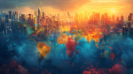 Obraz premium Dynamic double exposure of global business building and world map of international connection, professional corporate strategy in finance, teamwork, innovation to drive global growth and development.