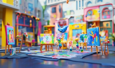 Naklejka premium Miniature artists paint colorful canvases.