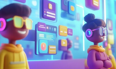 Obraz premium Two cartoon characters in a digital world.