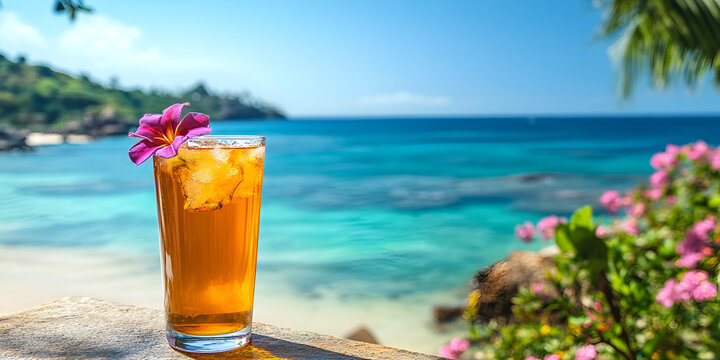 Tropical Iced Tea with Flowers Overlooking the Sea