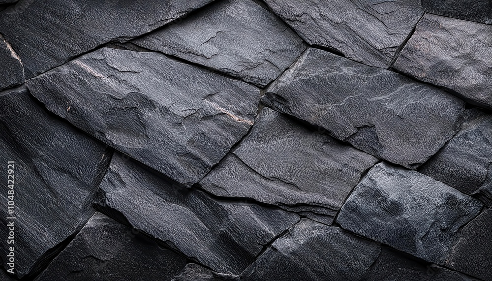 Poster Close-Up Dark Layered Slate Stone Texture. Natural Rough Rock Surface with Intricate Patterns for Rustic Wall Design, Architectural Backdrops, and Organic Interior Decor Concepts