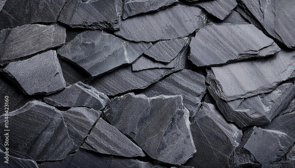 Poster Close-Up Dark Layered Slate Stone Texture. Natural Rough Rock Surface with Intricate Patterns for Rustic Wall Design, Architectural Backdrops, and Organic Interior Decor Concepts