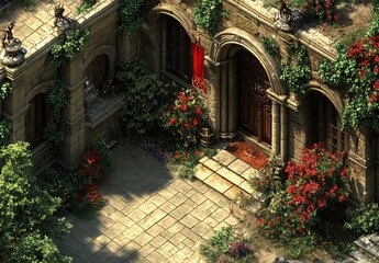 Fototapeta premium A beautifully detailed entrance with stone architecture, lush greenery, and vibrant flowers.