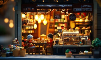 Miniature bakery shop with two figures.