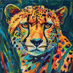 Naklejka premium Vibrant Abstract Portrait of a Cheetah Surrounded by Lush Greenery, Showcasing Bold Colors and Striking Expressions, Perfect for Wildlife Enthusiasts