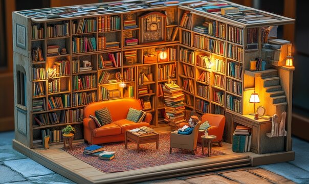 Miniature library diorama with furniture and a person reading.
