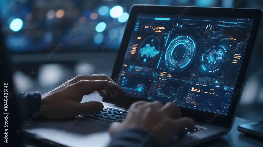 Aufkleber a man's hands are typing on a laptop with a futuristic interface. the laptop is open and the screen 