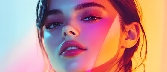 Obraz premium Modern Beauty Concepts: Women in Dynamic Urban and Natural Environments, Featuring Bold Geometric Designs and Retro Album Cover Inspirations