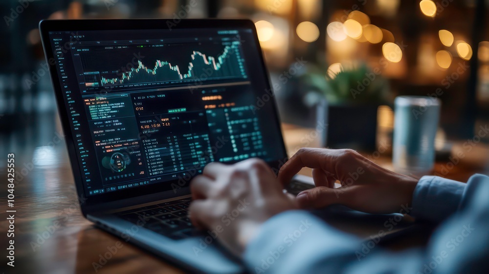 Poster a person's hands typing on a laptop with a stock market graph displayed on the screen.