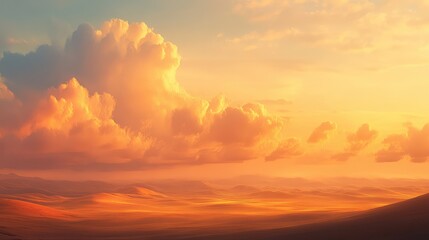 Obraz premium A serene golden hour sky with soft orange and peach clouds, casting long shadows across a peaceful landscape