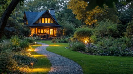 A charming cottage with warm lights illuminating a winding path through a lush garden at dusk.