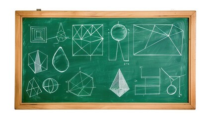 A green chalkboard with white chalk drawings of geometric shapes
