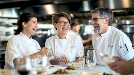 Three chefs are laughing and smiling at a table with wine glasses and food. 