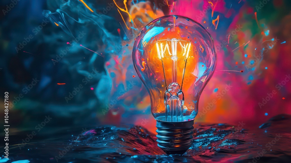 Poster a light bulb with a glowing filament, surrounded by a burst of colorful paint, representing the conc