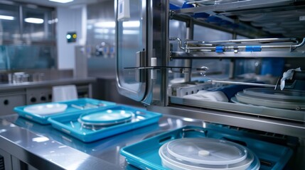 Blue trays with medical tools are placed in a large, modern dishwasher designed for sterilizing medical equipment in a hospital