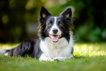Fototapeta premium happy border collie lies on grass, showcasing its playful nature and friendly demeanor. dogs expressive eyes and bright smile add to joyful atmosphere of scene