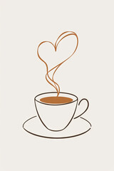 Obraz premium Warm Coffee Cup with Heart-Shaped Steam: A Cozy, Minimalist Illustration for Romantic or CafÃ©-Themed Designs and Culinary Aesthetics