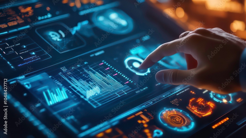 Leinwandbilder A hand interacts with a futuristic digital interface filled with glowing data and charts.