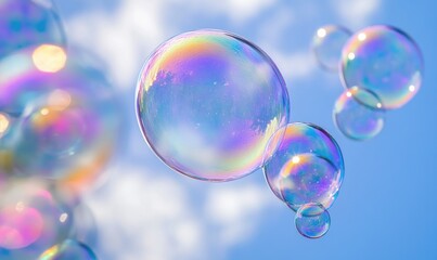 A bunch of colorful bubbles floating in the sky