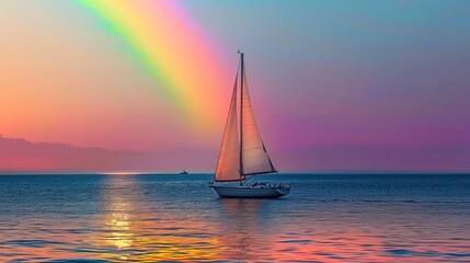Sailing Boat at Sunset with Vibrant Rainbow Over the Ocean, Peaceful Evening Seascape