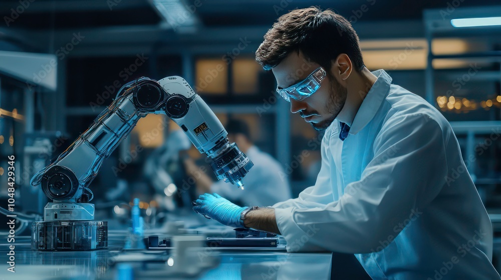 Fototapete A technician in a lab coat and safety goggles works on a circuit board with a robotic arm in the background.