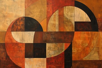 Abstract Geometric Art in Earthy Tones: Circles and Rectangles in Brown, Orange, and Black, Ideal for Modern Home or Office Decor