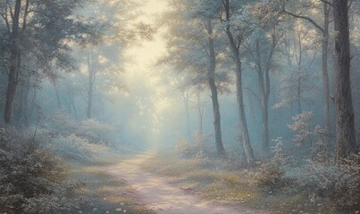 Obraz premium A painting of a forest path with trees in the background