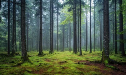 Obraz premium A forest with a lot of trees and a lot of moss