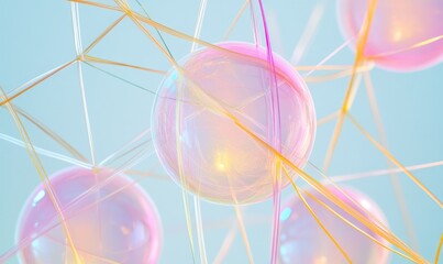 A cluster of colorful spheres are connected by strings