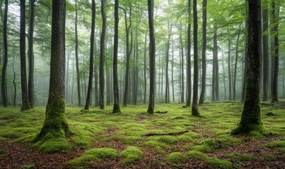 Naklejka premium A forest with moss growing on the ground and trees