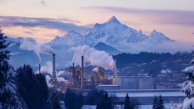
This video depicts an industrial plant emitting smoke against a stunning mountain backdrop, symbolizing the challenges and solutions surrounding carbon capture, utilization, and storage (ccus).