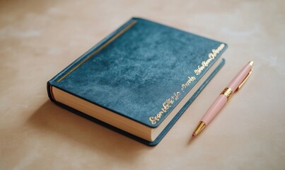 A blue leather bound book with a pink pen on top of it