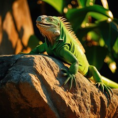 Obraz premium bright green iguana Flaky skin that glistened with dew. Sunbathe on the rocks