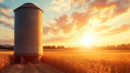 A single silo is photographed amid vast golden fields as the sun sets, highlighting the contrasting...