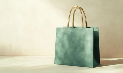 A green shopping bag with gold handles sits on a white surface