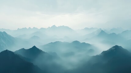 A thick foggy sky obscuring the mountains, with only the peaks faintly visible through the misty atmosphere
