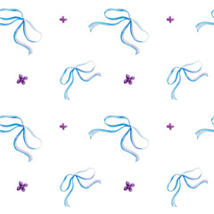 Seamless pattern.Watercolor illustration with beautiful lilac branches and cute bows. Hand painted watercolor seamless spring pattern,seamless pattern with lilac flowers and bows